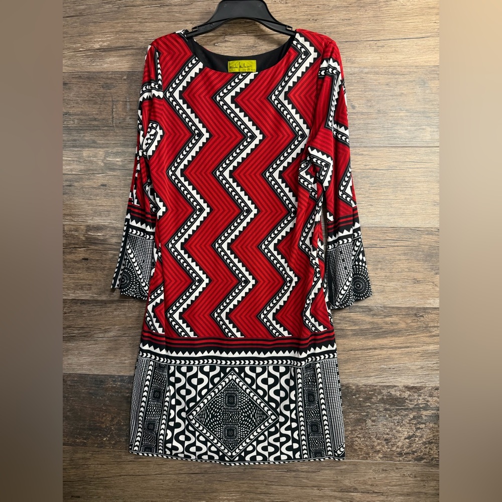 Nicole Miller Red and Black Zigzag Long Sleeve Dress